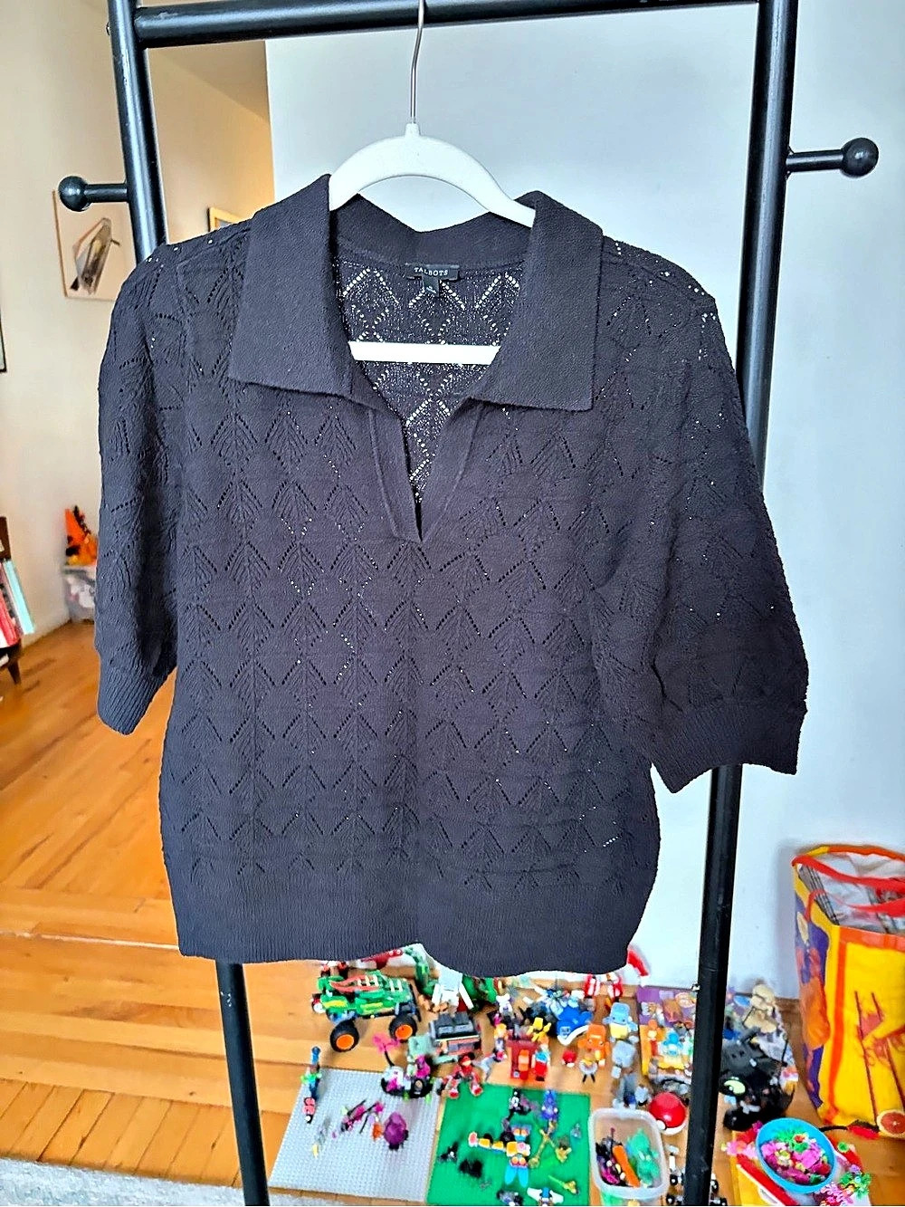 Talbots Pointelle Stitch Polo Sweater Black Geometric Size Medium